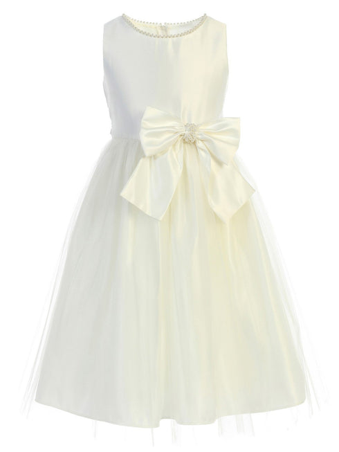 Sweet Kids Big Girls Ivory Satin Tulle Pearl Ribbon Flower Girl Dress 7-12 - SophiasStyle.com